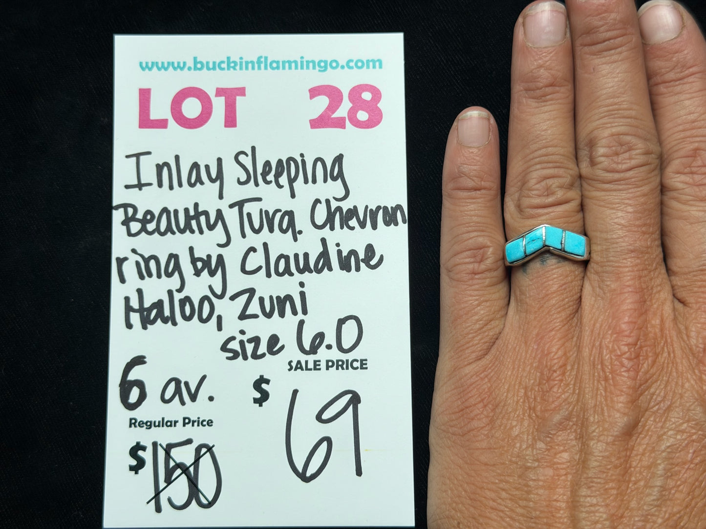 LOT 28 8/16 Inlay Sleeping Beauty Turquoise Chevron Ring by Claudine Haloo, Zuni