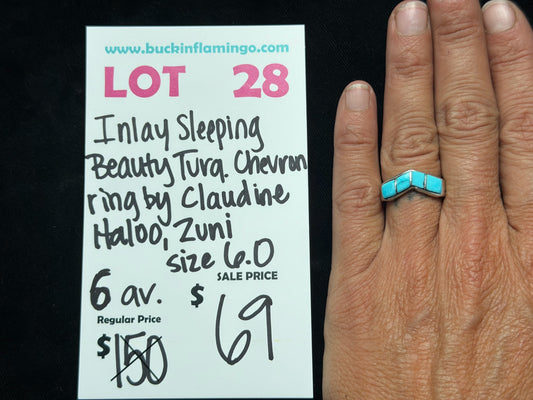 LOT 28 8/16 Inlay Sleeping Beauty Turquoise Chevron Ring by Claudine Haloo, Zuni