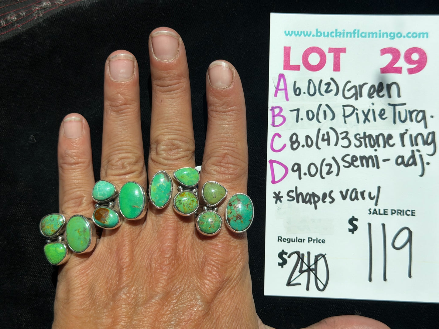 LOT 29 B 8/16 7.0 Green Pixie Turquoise 3 Stone Ring Semi-Adj. *Shapes Vary