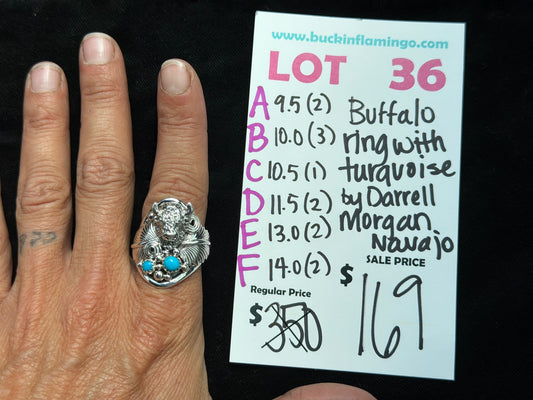 LOT 36 B 8/16 Buffalo Ring with Turquoise by Darrell Morgan, Navajo