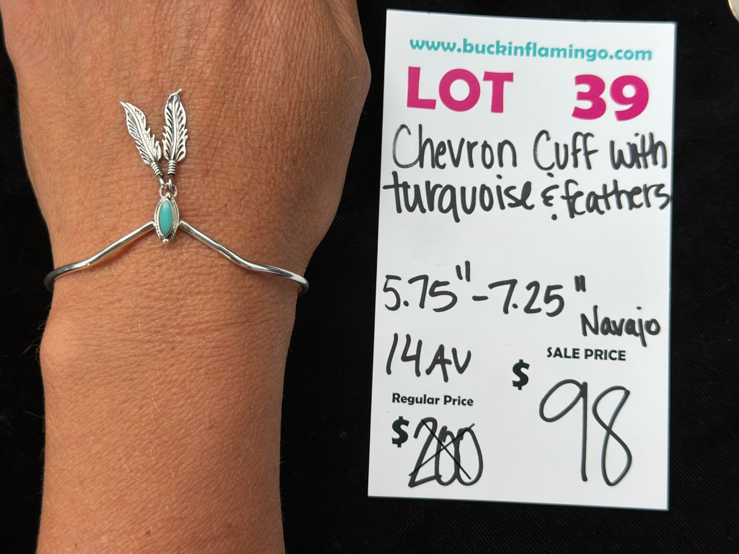 LOT 39 8/16 Chevron Cuff with Turquoise & Feathers 5.75”-7.25”