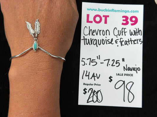 LOT 39 8/16 Chevron Cuff with Turquoise & Feathers 5.75”-7.25”