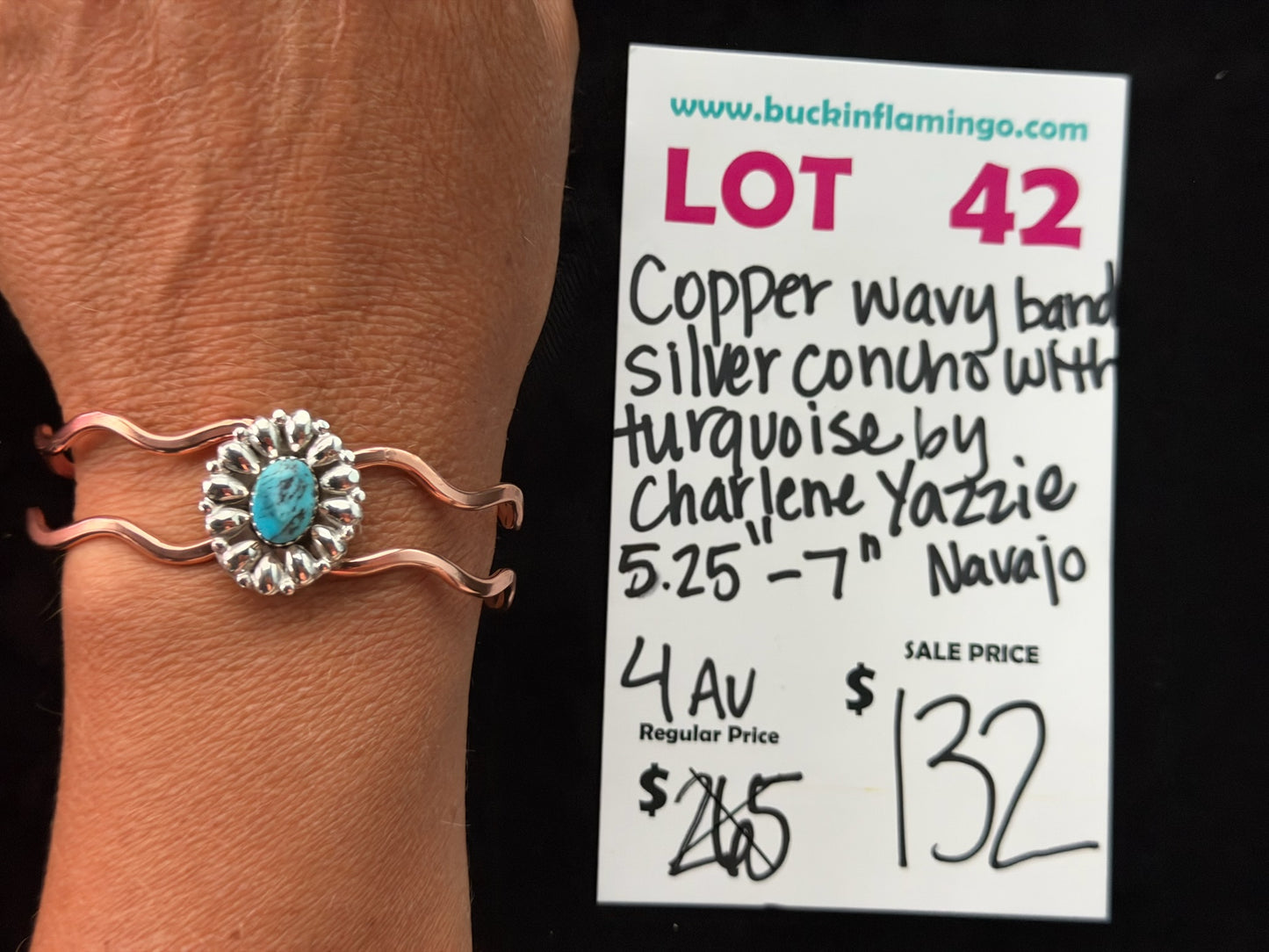 LOT 42 8/16 Copper Wavy Band Silver Concho with Turquoise by Charlene Yazzie, Navajo 5.25”-7”