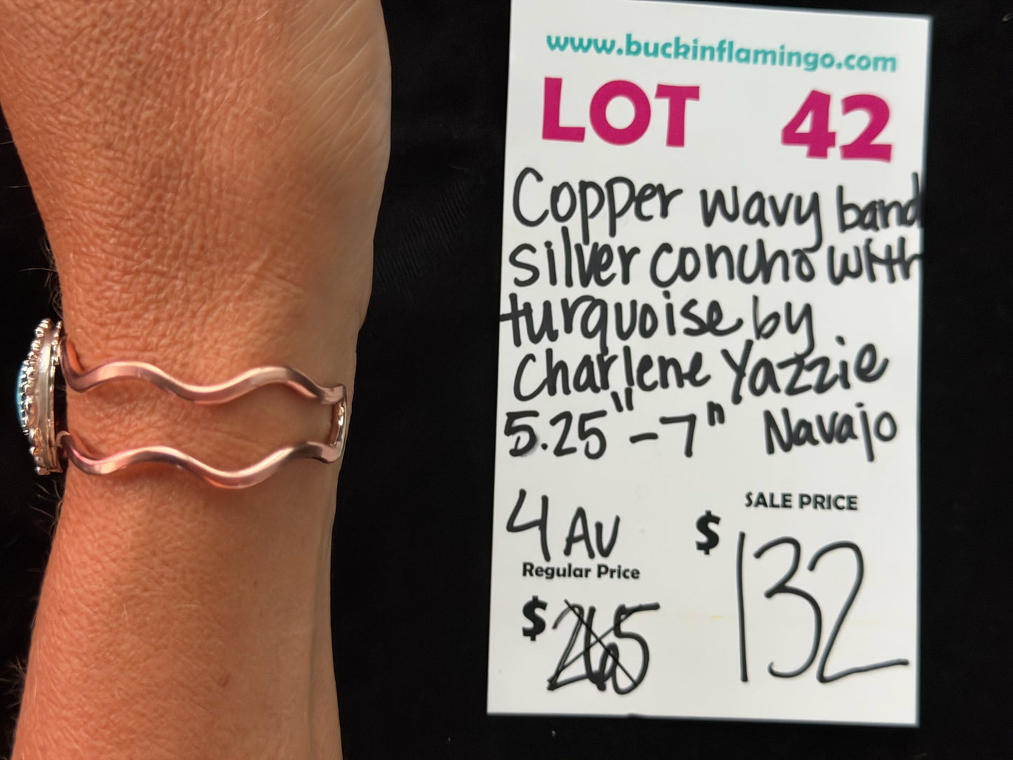 LOT 42 8/16 Copper Wavy Band Silver Concho with Turquoise by Charlene Yazzie, Navajo 5.25”-7”