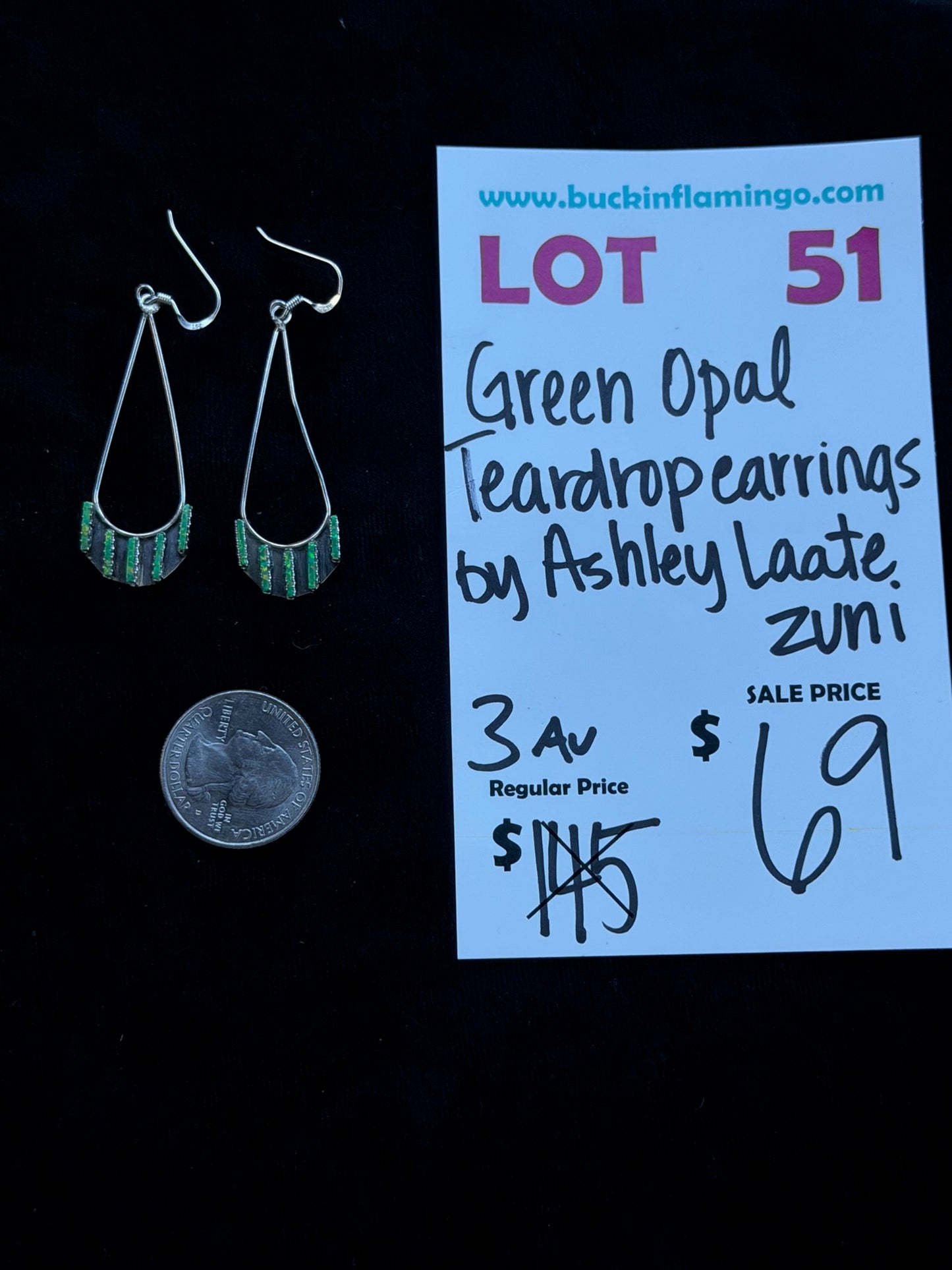 LOT 51 8/16 Green Opal Teardrop Earrings by Ashley Laate, Zuni
