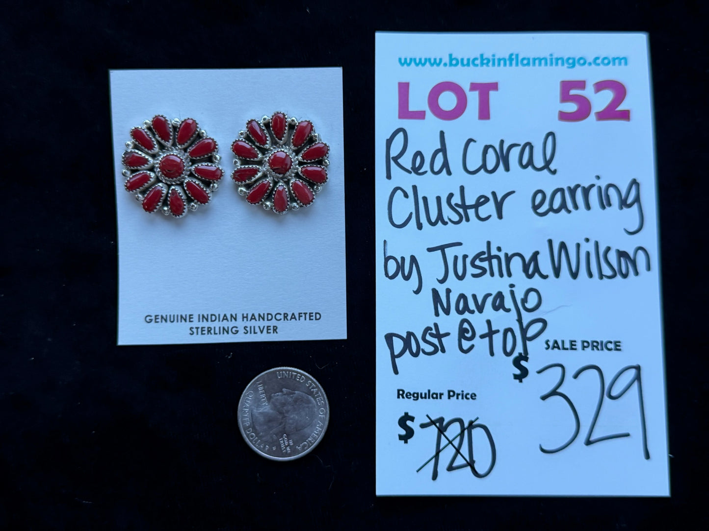 LOT 52 8/16 Red Coral Cluster Earring by Justina Wilson, Navajo