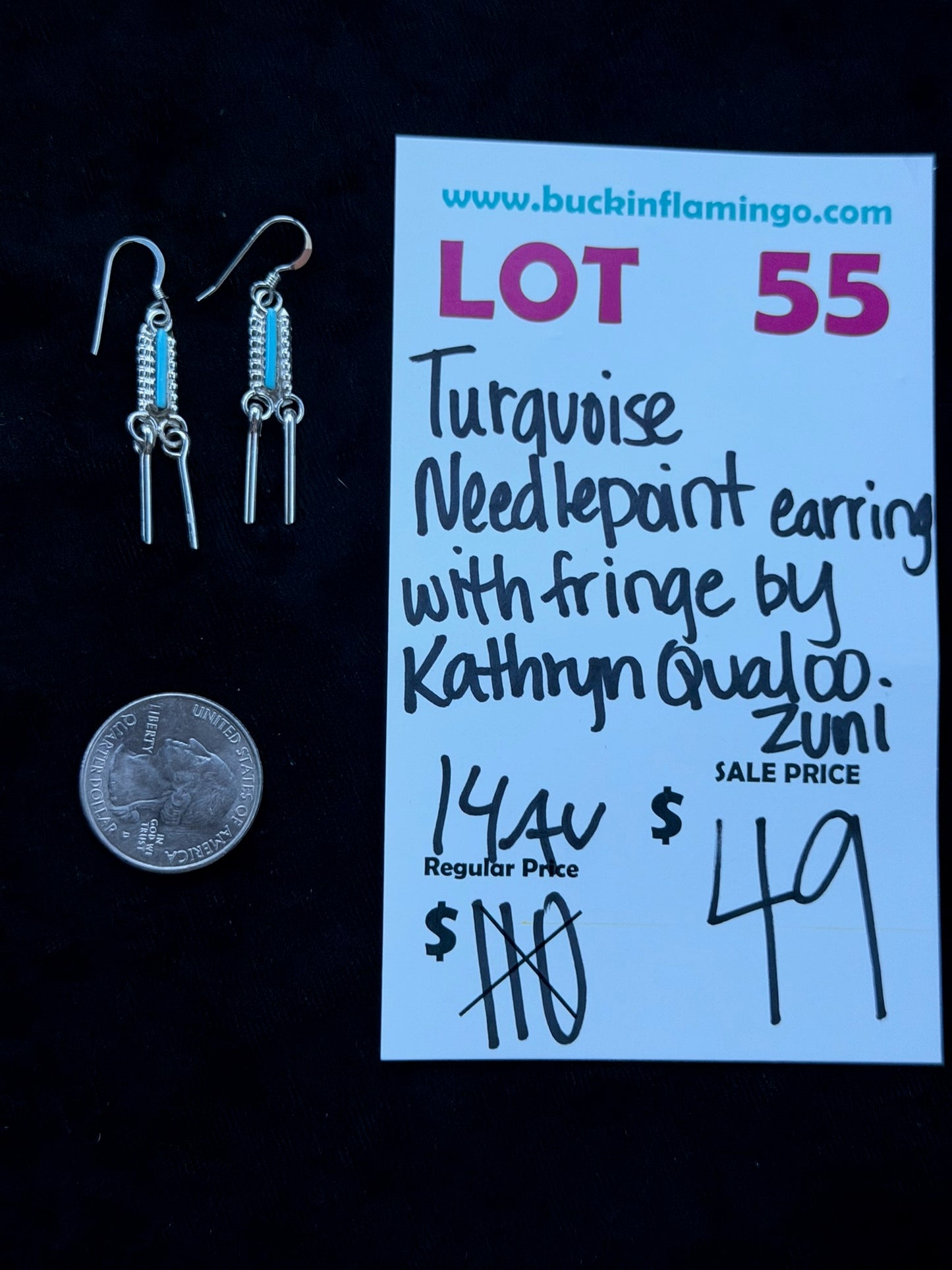 LOT 55 8/16 Turquoise Needlepoint Earrings with Fringe by Kathryn Qualoo, Zuni