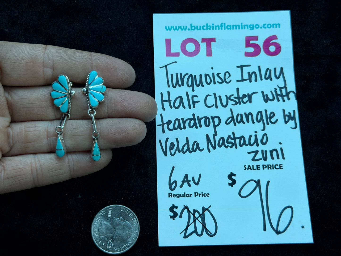 LOT 56 8/16 Half Cluster Inlay With Teardrop dangle by Velda Nestacio, Zuni
