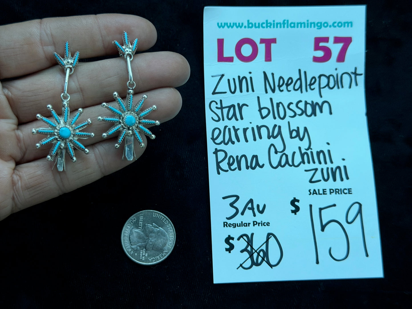 LOT 57 8/16 Zuni Needlepoint Star Blossom Earring by Rena Cachini, Zuni