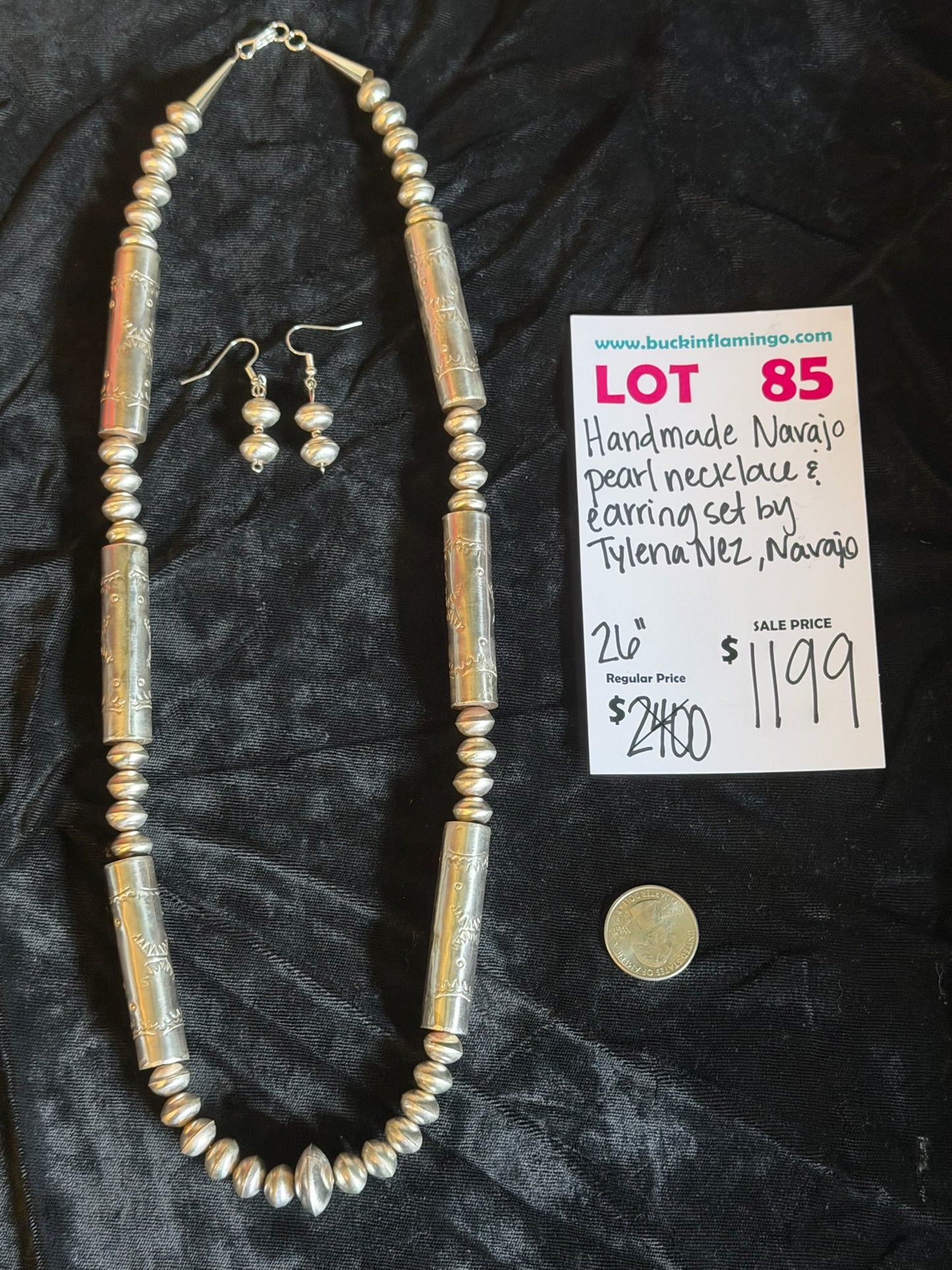 LOT 85 8/16 Handmade Navajo Pearl Necklace 26” & Earring Set by Tylena Nez, Navajo