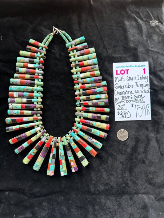 LOT 1 8/23 Multi Stone Inlay Reversible Turquoise “Cleopatra Necklace” by Jolene Bird Santo Domingo 20”