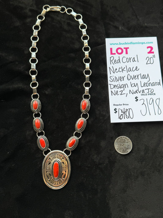 LOT 2 8/23 Red Coral 20” Necklace Silver Overlay Design by Leonard Nez, Navajo