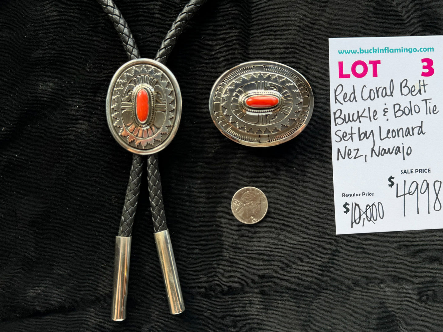 LOT 3 8/23 Red Coral Belt Buckle & Bolo Tie Set by Leonard Nez, Navajo