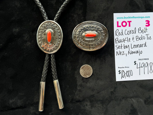 LOT 3 8/23 Red Coral Belt Buckle & Bolo Tie Set by Leonard Nez, Navajo