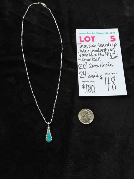 LOT 5 8/23 Turquoise Teardrop Inlay Pendant by Vanessa Hattie 4.8mm Bail 20” 2mm Chain