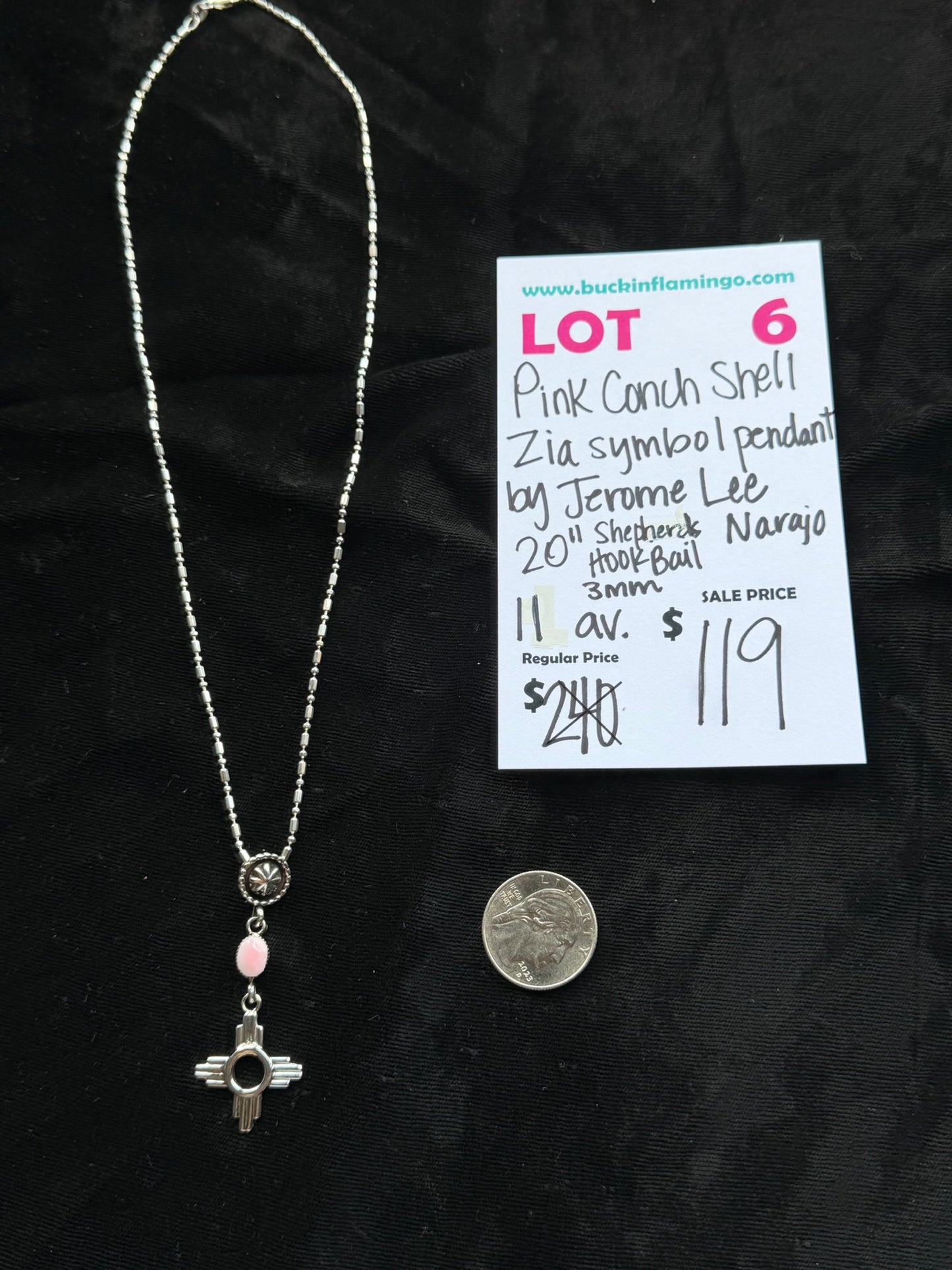 LOT 6 8/23 Pink Conch Shell Zia Symbol Pendant by Jerome Lee, Navajo 20” Shepherds Hook Bale 3mm Bale