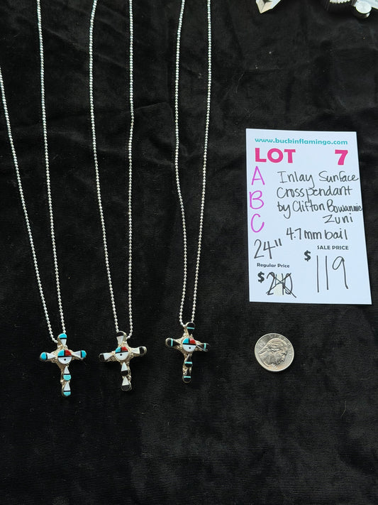LOT 7 C 8/23 Inlay Sunface Cross Pendant by Clifton Bowannie, Zuni