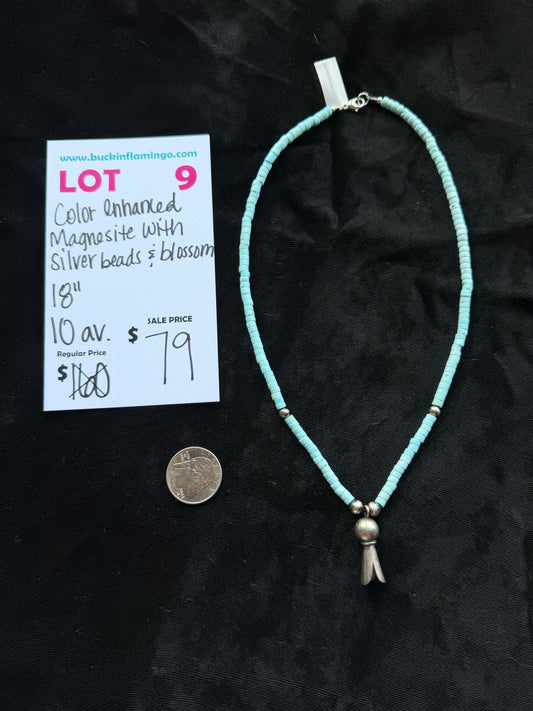 LOT 9 8/23 Color Enhanced Magnesite with Silver Beads & Blossom 18 “