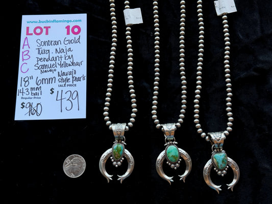 LOT 10 C 8/23 Sonoran Gold Turquoise Naja Pendant 14.3 Bale by Samuel Yellowhair, Navajo on 18” 6mm Navajo Style Pearls