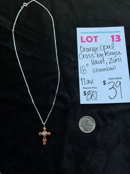 LOT 13 8/23 Orange Opal Cross by Bryce Vacit, Zuni 18” 3.3mm Bale