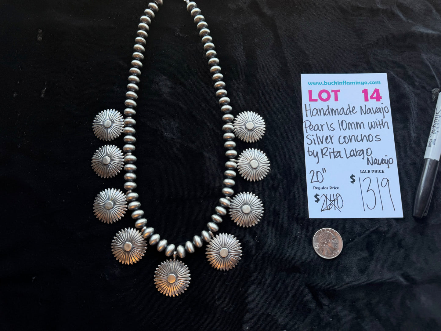 Lot 14 8/23 Handmade Navajo Pearls 10mm with Silver Conchos by Rita Largo, Navajo