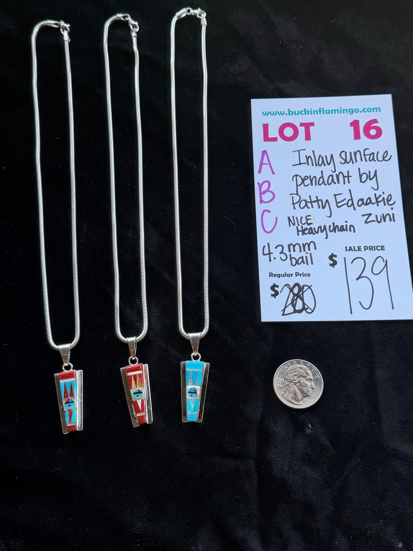LOT 16 A 8/23 Inlay Sunface Pendant 4.3mm Bail by Patty Edaakie, Zuni NICE Heavy Chain
