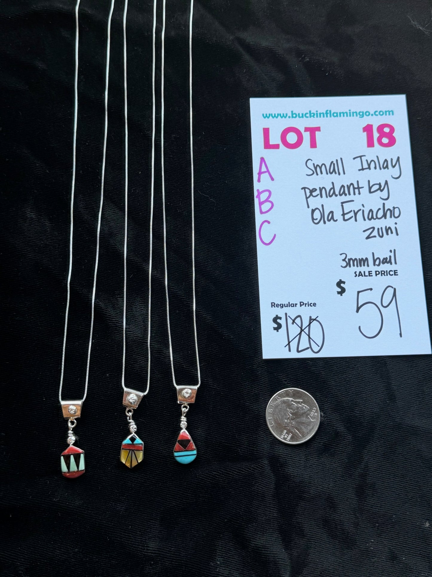 LOT 18 A 8/23 Small Inlay Pendant by Ola Eriacho, Zuni 3mm Bail