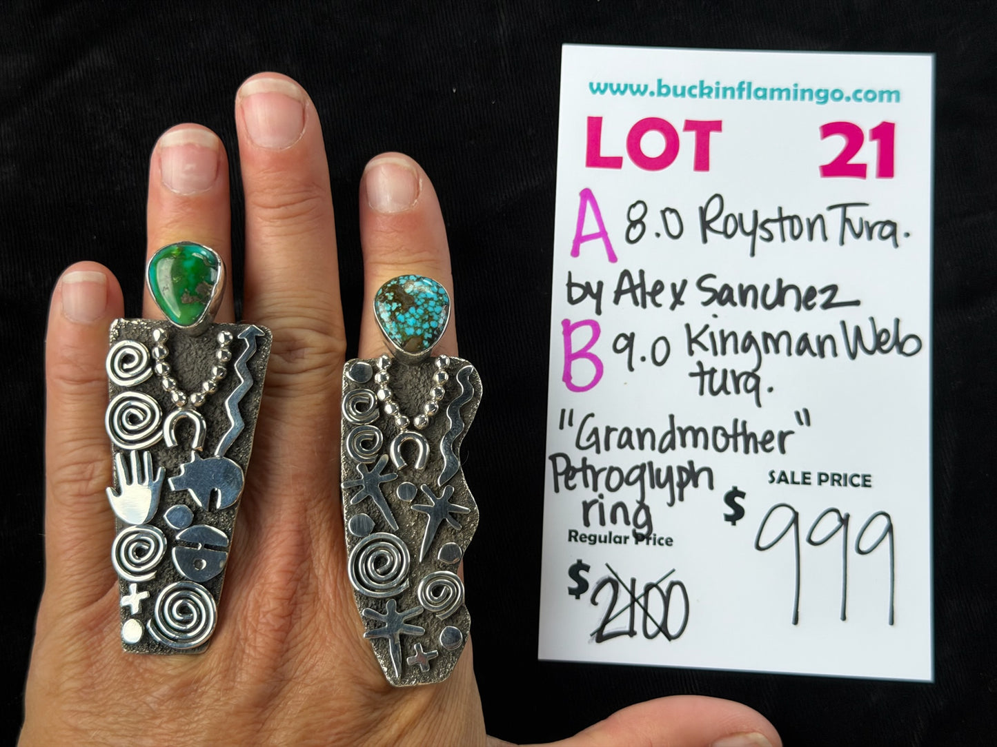 LOT 21 A 8/23 8.0 Royston Turquoise “Grandmother” Petroglyph by Alex Sanchez, Navajo