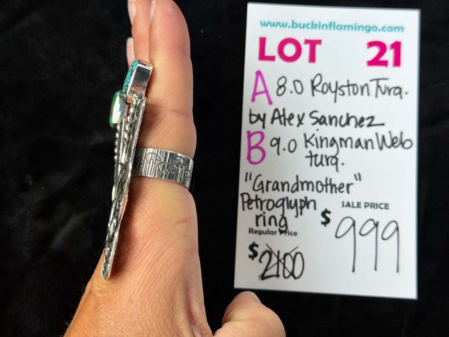 LOT 21 A 8/23 8.0 Royston Turquoise “Grandmother” Petroglyph by Alex Sanchez, Navajo