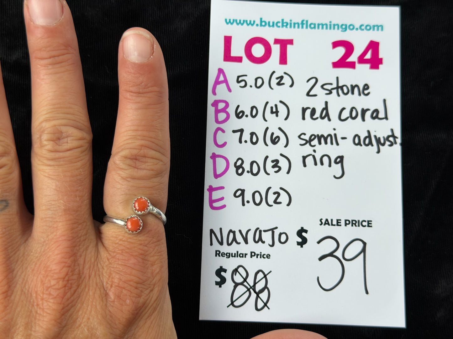 LOT 24 A 8/23 5.0 2 Stone Red Coral Semi-Adjustable Ring
