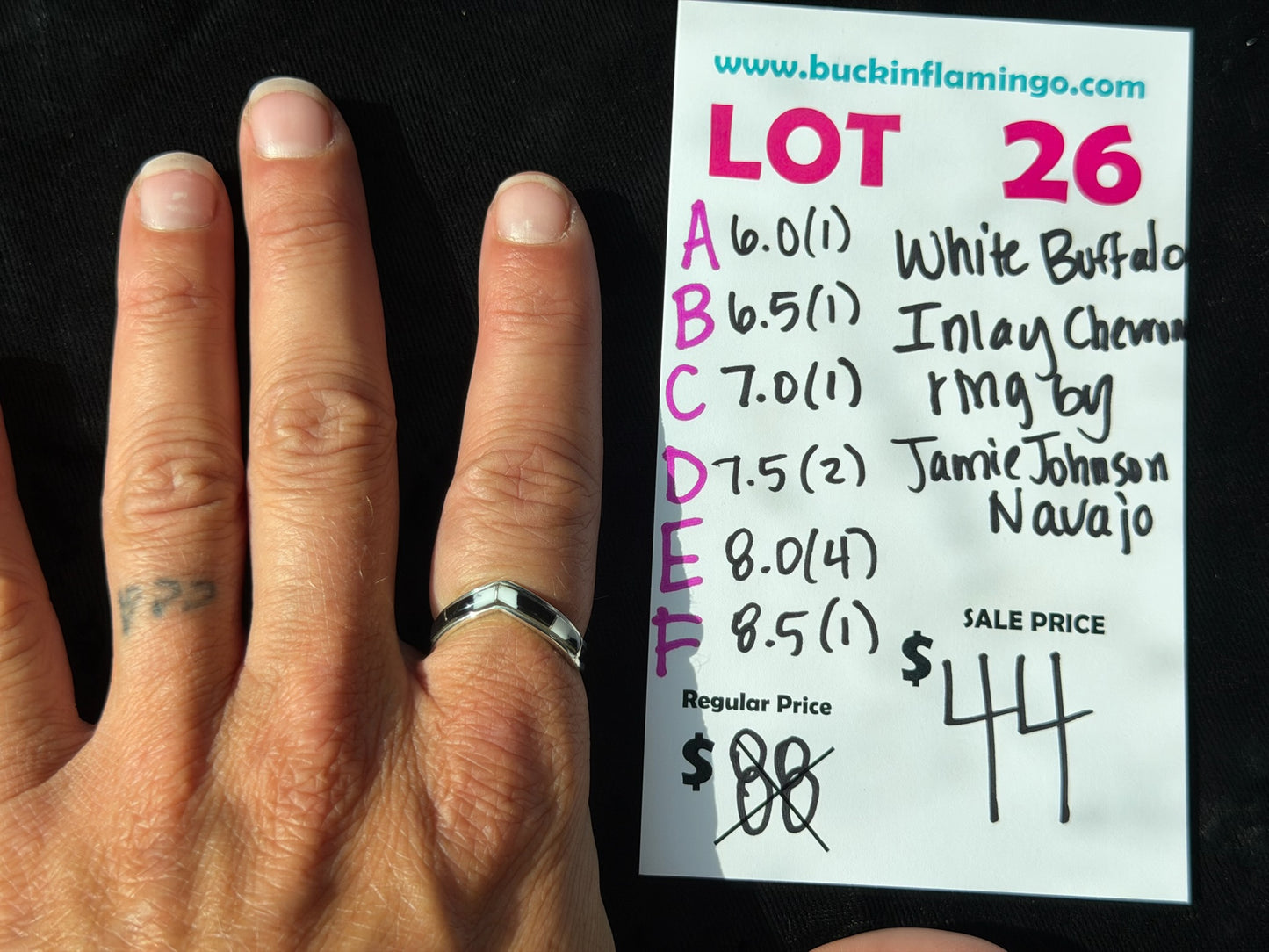 LOT 26 E 8/23 White Buffalo Inlay Chevron Ring by Jamie Johnson, Navajo