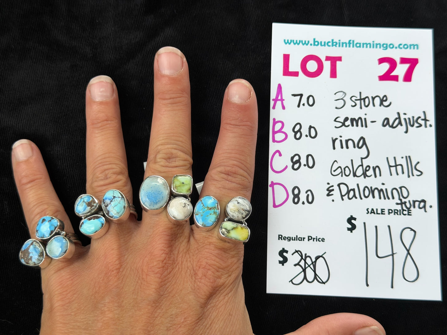 LOT 27 D 8/23 8.0 3 Stone Semi-Adjustable Ring Golden Hills & Palomino Turquoise