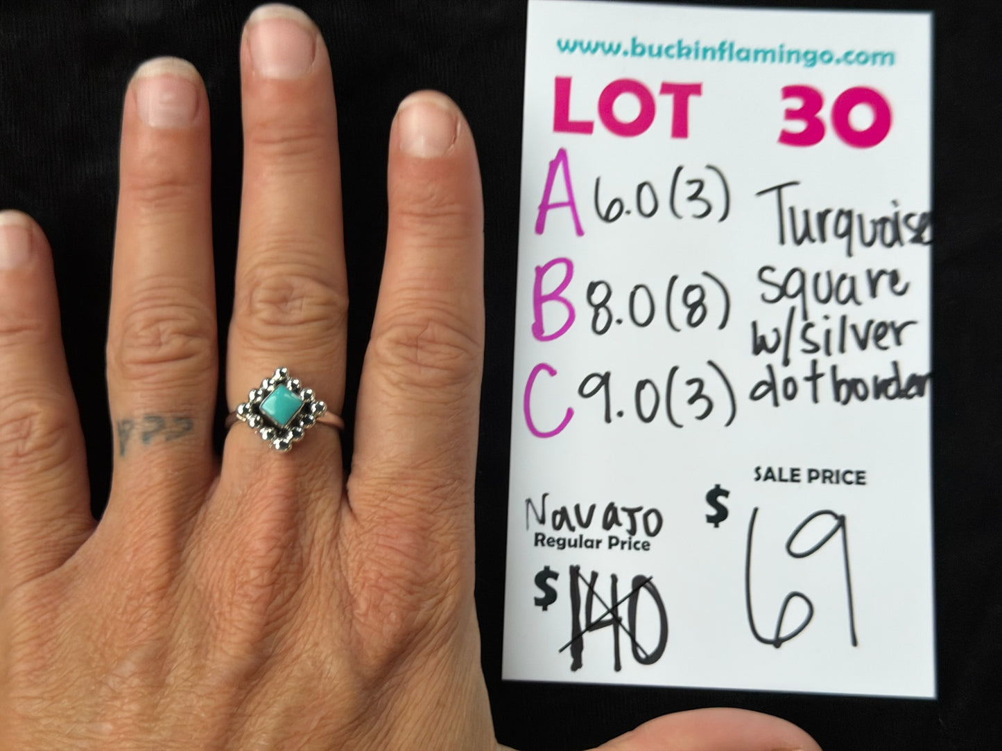 LOT 30 A 8/23 Turquoise Square w/Silver Dot Border