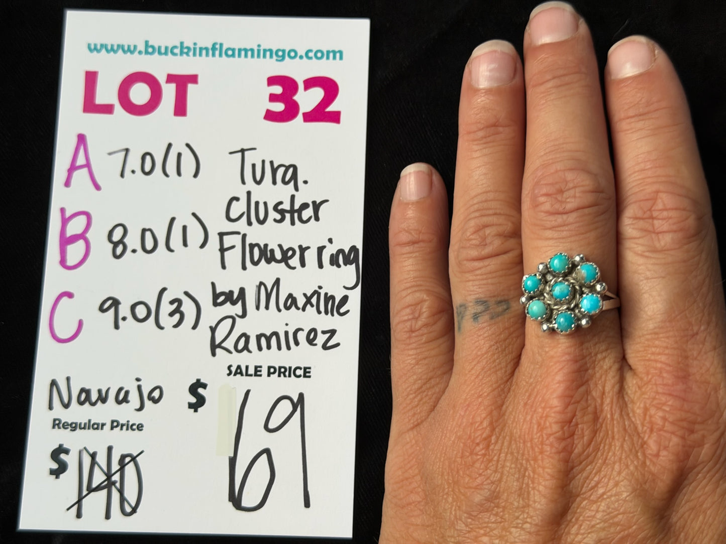 LOT 32 A 8/23 Turquoise Cluster Flower Ring by Maxine Ramirez, Navajo
