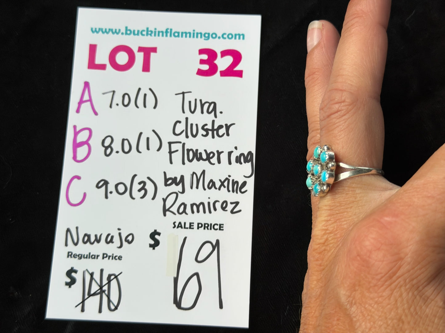 LOT 32 A 8/23 Turquoise Cluster Flower Ring by Maxine Ramirez, Navajo