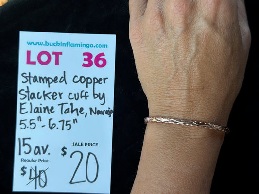 LOT 36 8/23 Stamped Copper Stacker Cuff by Elaine Tahe, Navajo 5.5”-6.75”