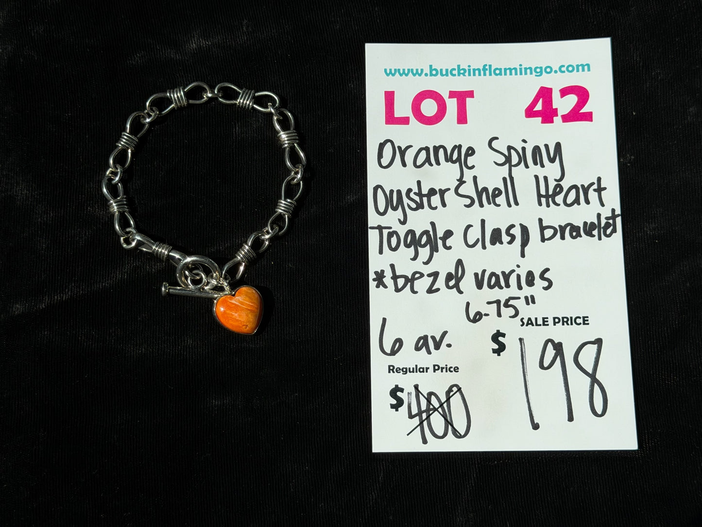 LOT 42 8/23 6.75” Orange Spiny Oyster Shell Heart Toggle Clasp Bracelet *Bezel Varies