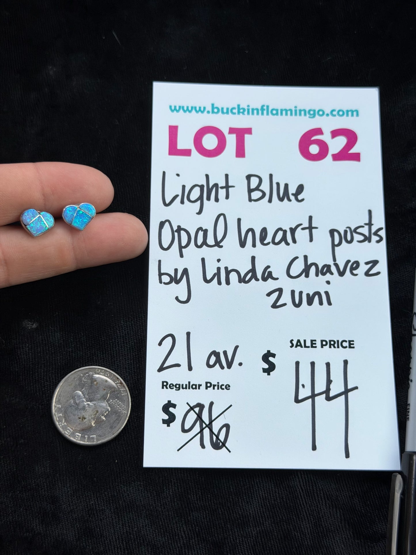 LOT 62 8/23 Light Blue Opal Heart Posts by Linda Chavez, Zuni