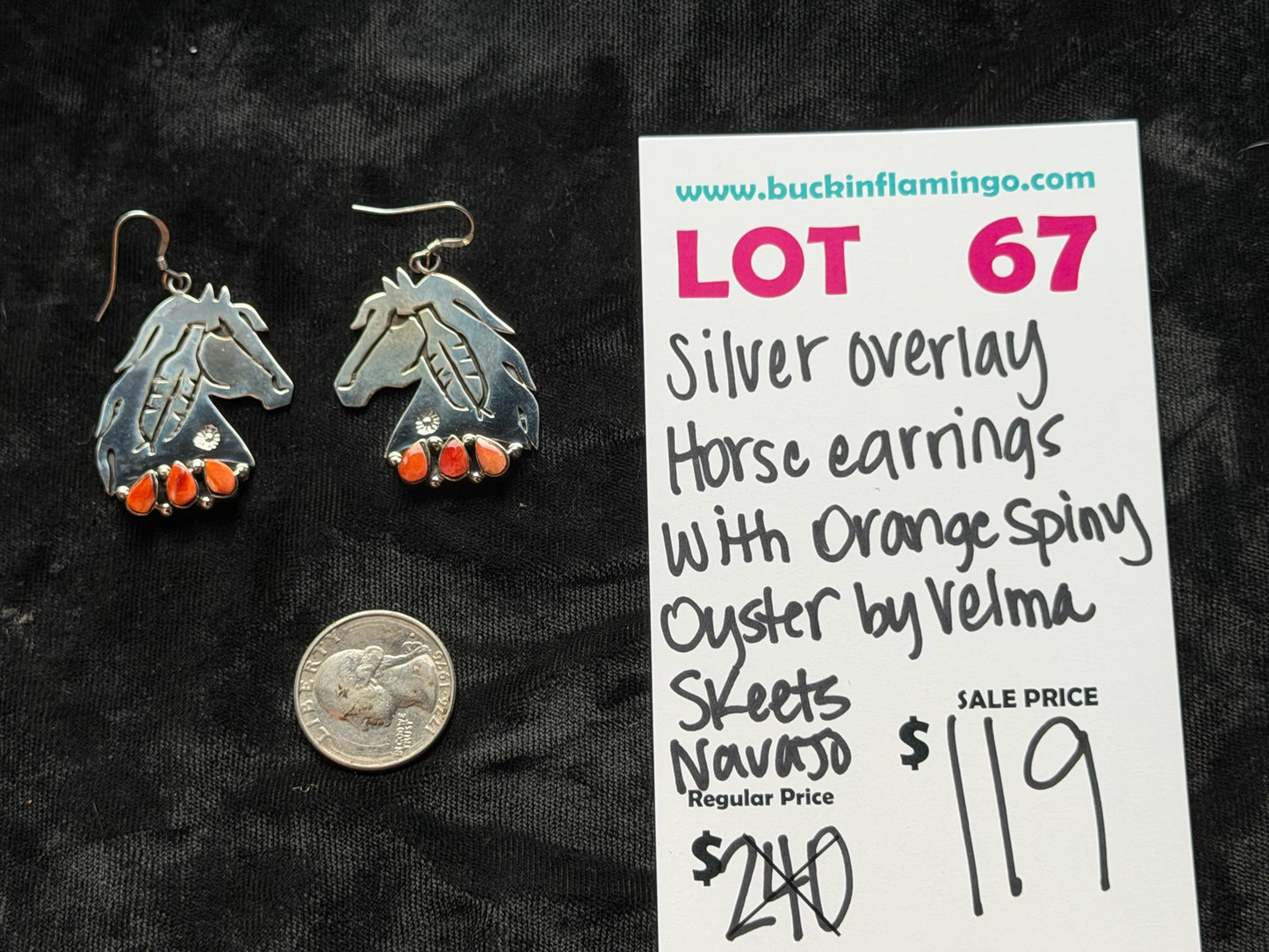 LOT 67 8/23 Silver Overlay Horse Earrings with Orange Spiny Oyster by Velma Skeets, Navajo
