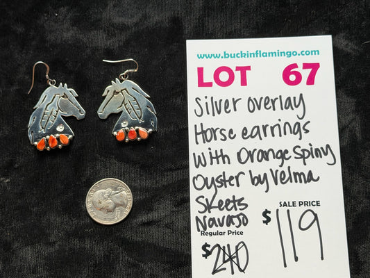 LOT 67 8/23 Silver Overlay Horse Earrings with Orange Spiny Oyster by Velma Skeets, Navajo
