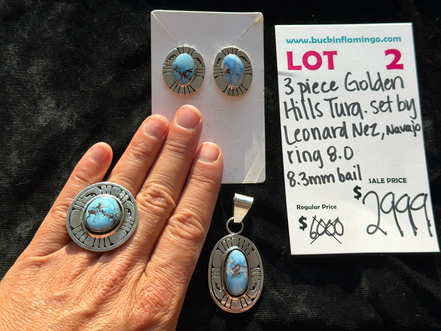 LOT 2 8/30 3 Piece Golden Hills Turquoise Set by Leonard Nez, Navajo