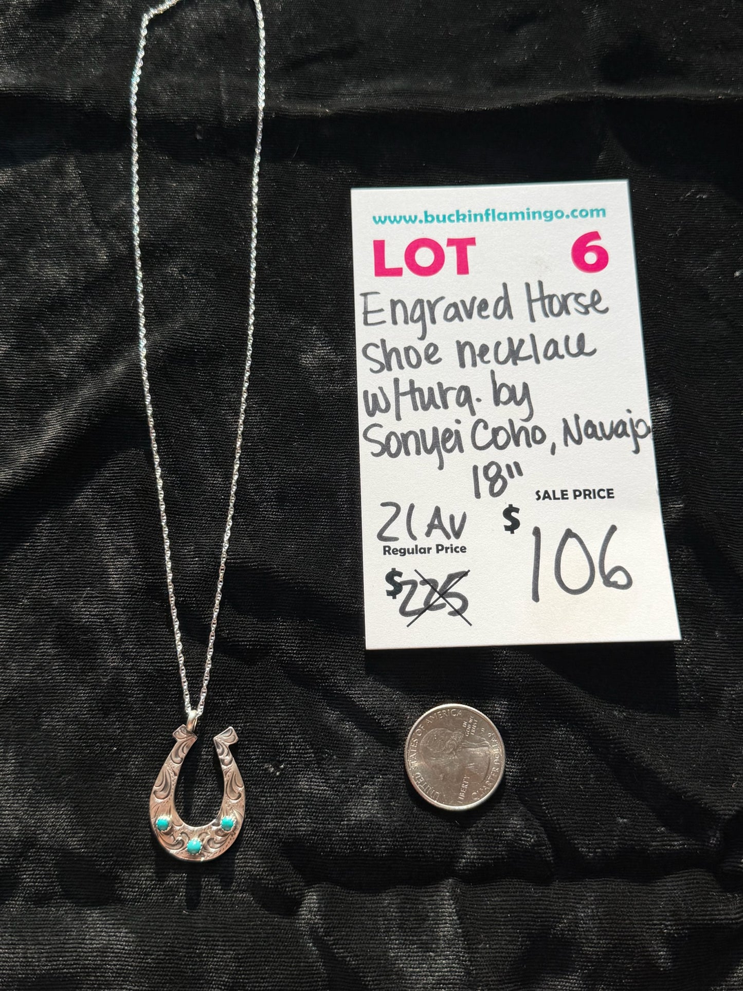 LOT 6 8/30 18” Engraved Horse Shoe Necklace with Turquoise by Sonyei Coho, Navajo