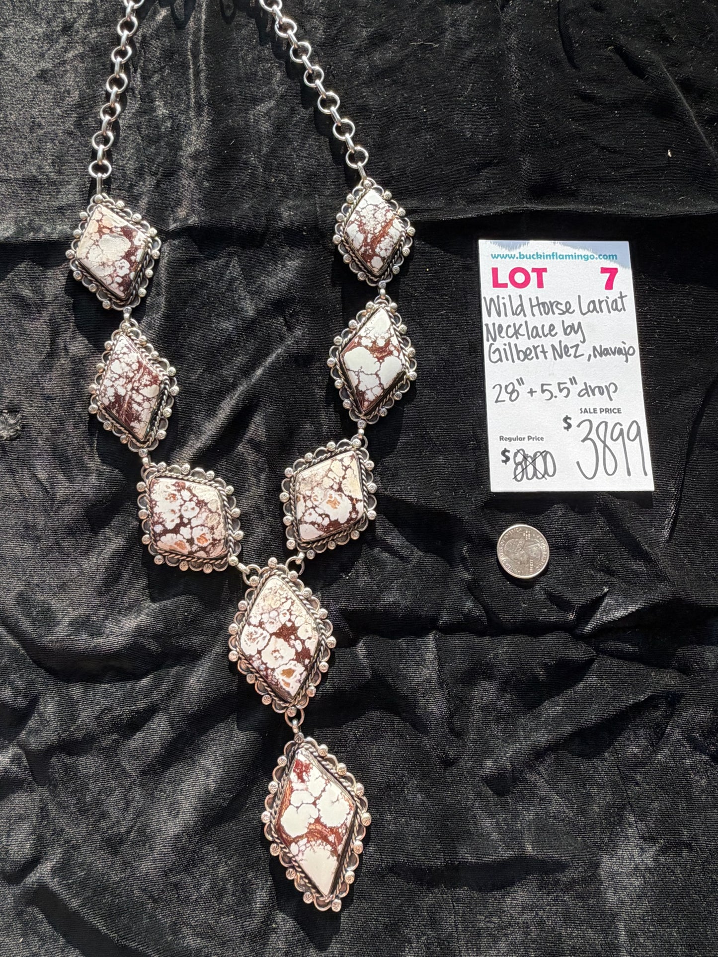 LOT 7 8/30 Wild Horse Lariat Necklace by Gilbert Nez, Navajo 28”+5.5” Drop