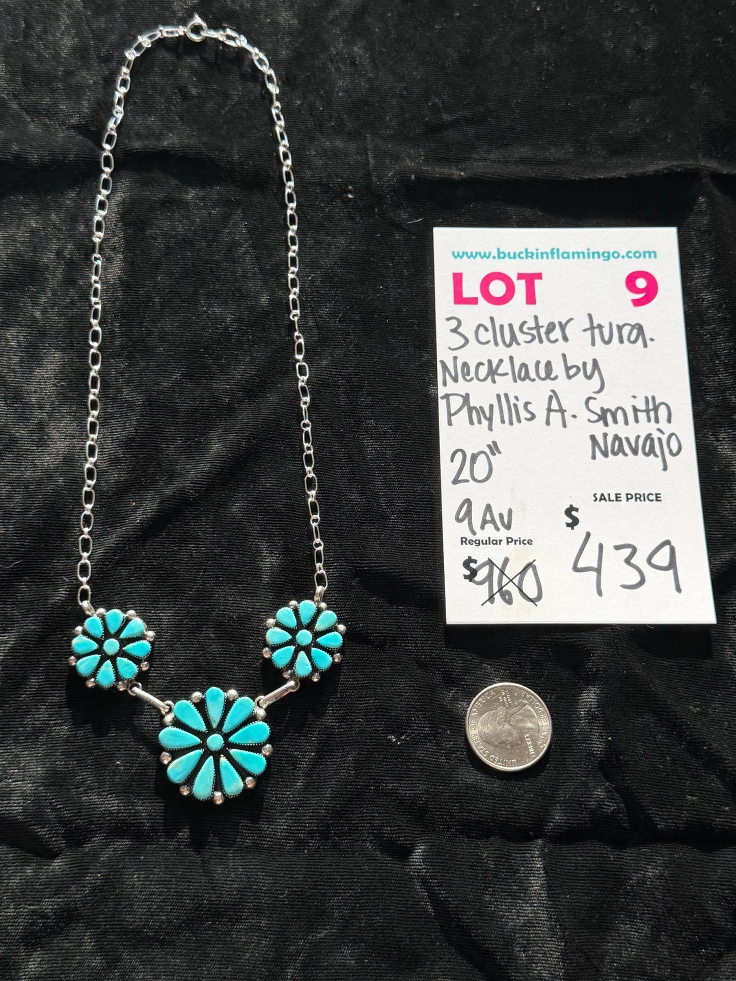 LOT 9 8/30 3 Cluster Turquoise Necklacce by Phyllis A. Smith, Navajo 20”