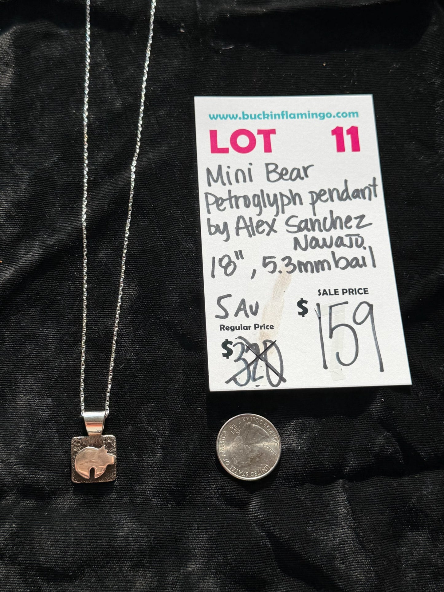 LOT 11  8/30 Mini Bear Petroglyoph Pendant by Alex Sanchez, Navajo 18” 5.3mm Bail