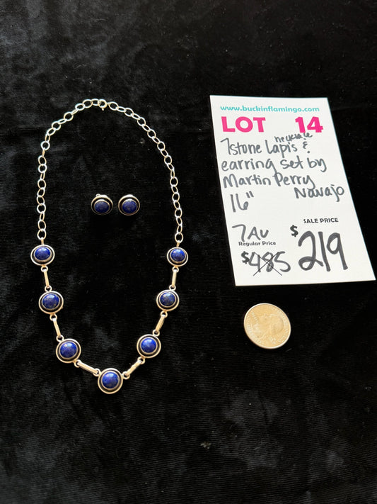 LOT 14 8/30 7 Stone Lapis Necklace & Earring Set by Martin Perry, Navajo 16”