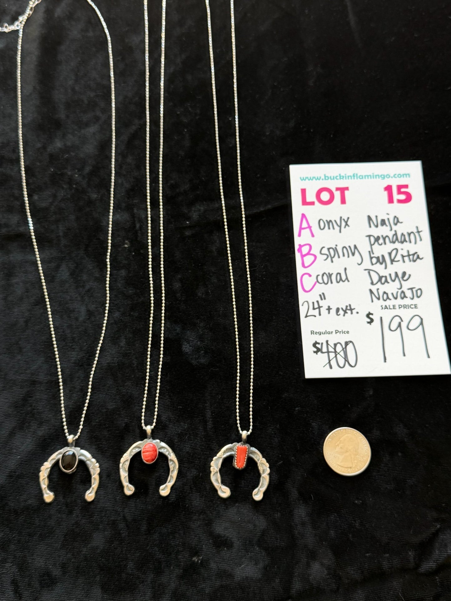 LOT 15 C 8/30 Coral Naja Pendant by Rita Daye, Navajo 24”+Ext
