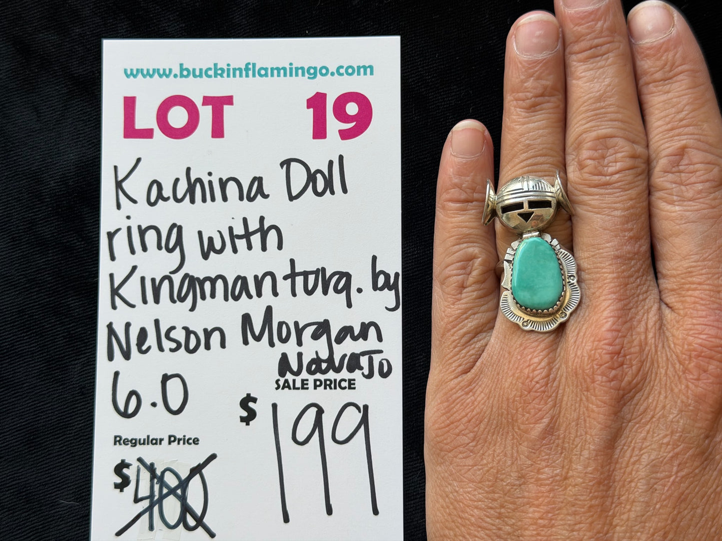 LOT 19 8/30 Kachina doll Ring with Kingman Turquoise by Nelson Morgan, Navajo 6.0