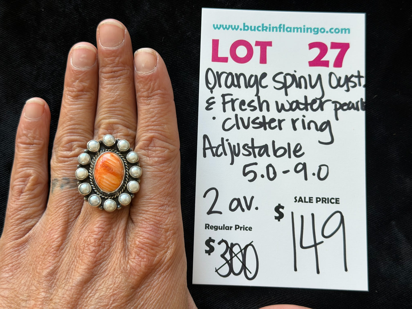 LOT 27 8/30 Orange Spiny Oyster & Fresh Water Pearl Cluster Ring Adjustable 5.0-9.0