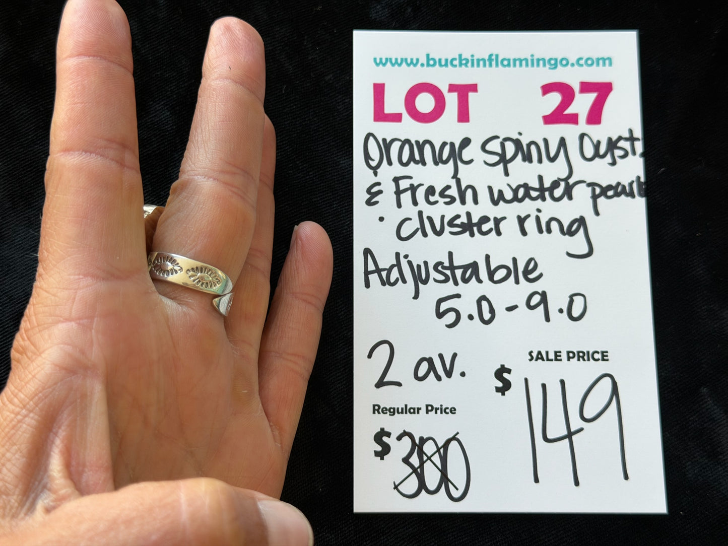 LOT 27 8/30 Orange Spiny Oyster & Fresh Water Pearl Cluster Ring Adjustable 5.0-9.0